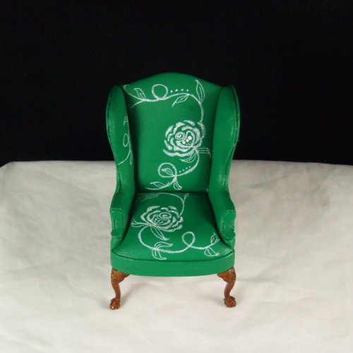 OOAK Green Leather Wingback Chair w/ Handpainted Rose 1" scale